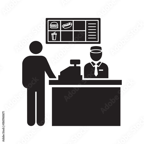 Customer Ordering Fast Food Meal at Counter from Cashier Vector Icon Illustration
