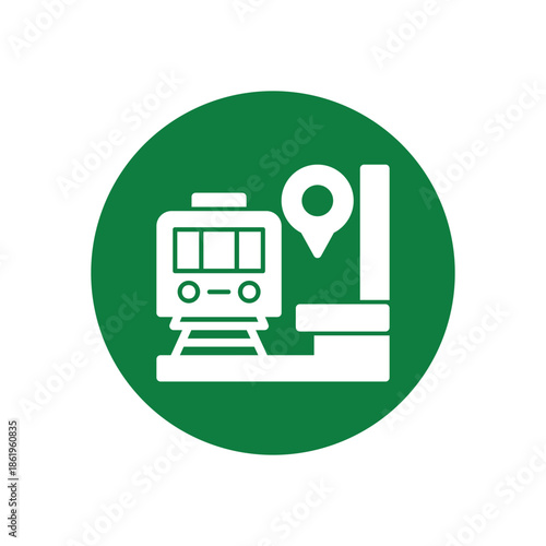 Green circle icon of train and map pin on white background