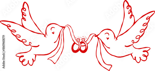 Whimsical hand-drawn vintage dove holding wedding ring