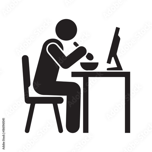Person Eating Lunch at Computer Desk Vector Icon Illustration Representing Busy Office Worker or Gamer Snacking at Workstation
