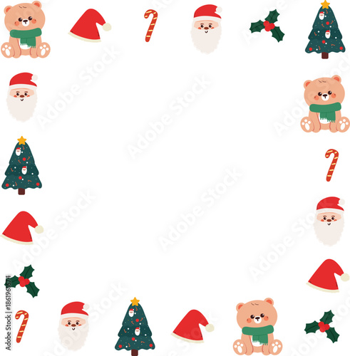 cute Christmas frame border with cartoon Christmas element drawing for photo frame, memo pad design
