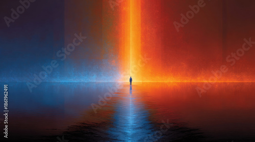 Human and AI represented as two opposing beams of warm and cold light colliding at center