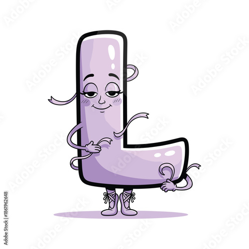 Purple cartoon letter L with smiling face and ballet shoes