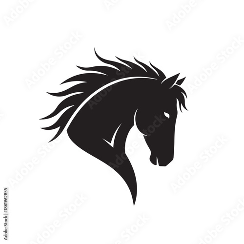 PrSilhouette of a horse head with flowing mane, black vector icon on white background.int