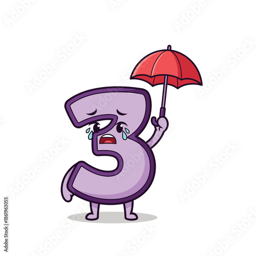 Purple cartoon number five character crying while holding red umbrella