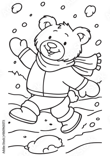 Title:
Vertical ISO A1 coloring sheet featuring a cheerful bear strolling in the snow with a cozy scarf, simple thick outlines, easy to color, printable, large clear shapes for children