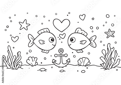Title:
Horizontal ISO A1 coloring page for children, two cute fish facing each other underwater with a heart between them, ship anchor on the seabed, simple bold outlines, easy to color, printable, la