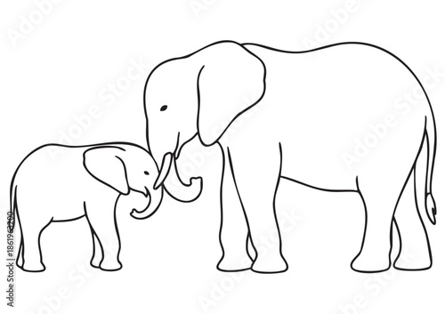 ISO A1 Educational Coloring Page for Children with Mother Elephant and Baby Elephant Touching Each Other, Simple Animal Family Illustration
