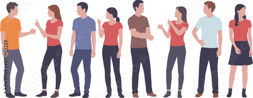 Flat vector illustration of diverse group of young men and women standing in casual outfits, isolated on white background, group.
