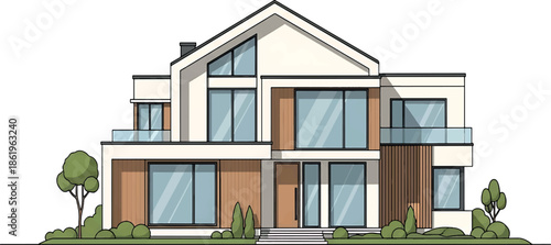 A modern house with a gable roof and large windows in a vector design style 