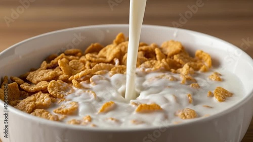 Milk pouring into bowl of cereal with splash and milk droplets closeup