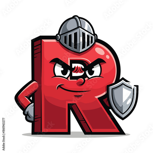 Red cartoon letter R wearing a knight's helmet and holding a shield