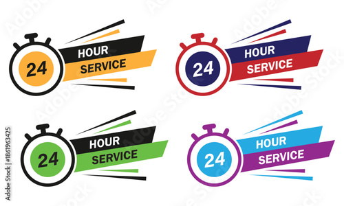 24 hour service vector set. 24 hour discount offer, support, delivery and more concept. Twenty-four hour service everyday sign with alarm clock icon. Vector illustration.