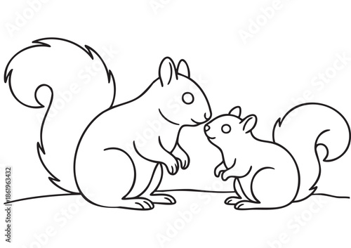 ISO A1 Educational Coloring Page for Children with Mother Squirrel and Baby Squirrel in a Cute Forest Scene