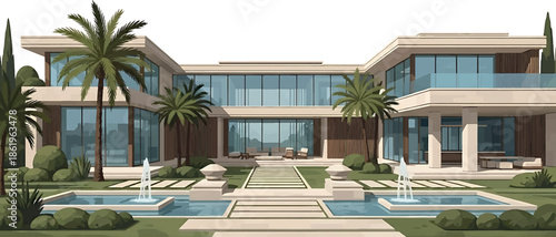 A large, modern house with a sleek design and a pool area, surrounded by palm trees and lush greenery, showcasing a vector-style architectural rendering.