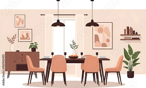 Vector illustration of a modern dining room with a table and chairs in a minimalist design against a soft peach background.