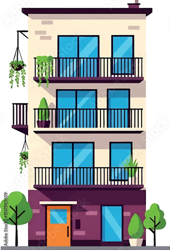 Vector illustration of a modern apartment building with balconies and potted plants in a flat design style against a white background.