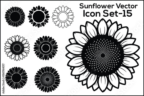 Sunflower Vector Icon Set – Minimal Floral Black and White Design
