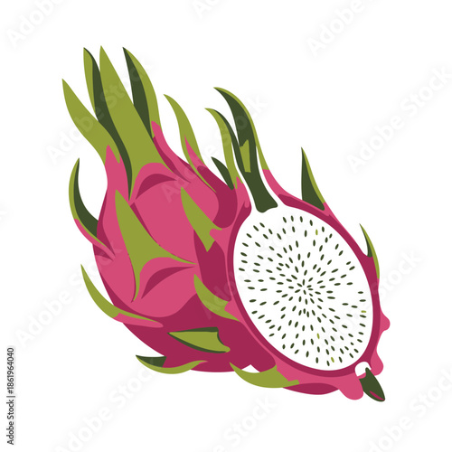 A brightly colored dragon fruit is sliced in half showing white speckled.