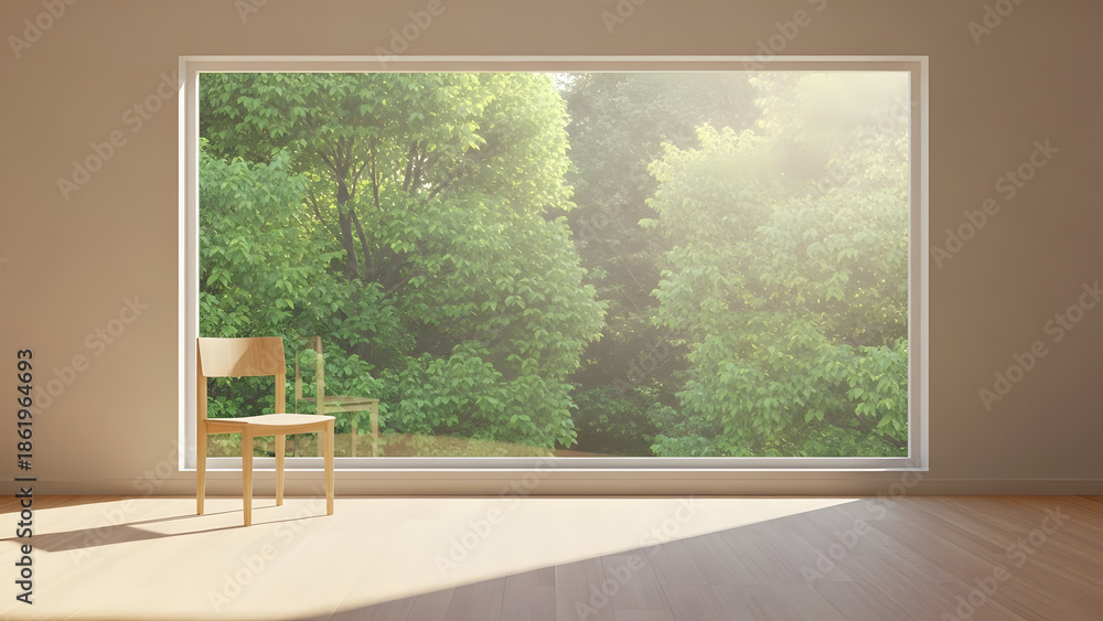Fototapeta premium Minimalist Interior Room with Wooden Chair and Large Window Overlooking Lush Green Forest