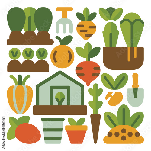 Various garden vegetables and farming tools illustrated in a flat, earthy.