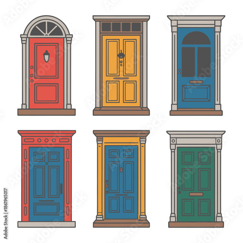 A collection of six colorful and distinct front doors are displayed in a grid formation.