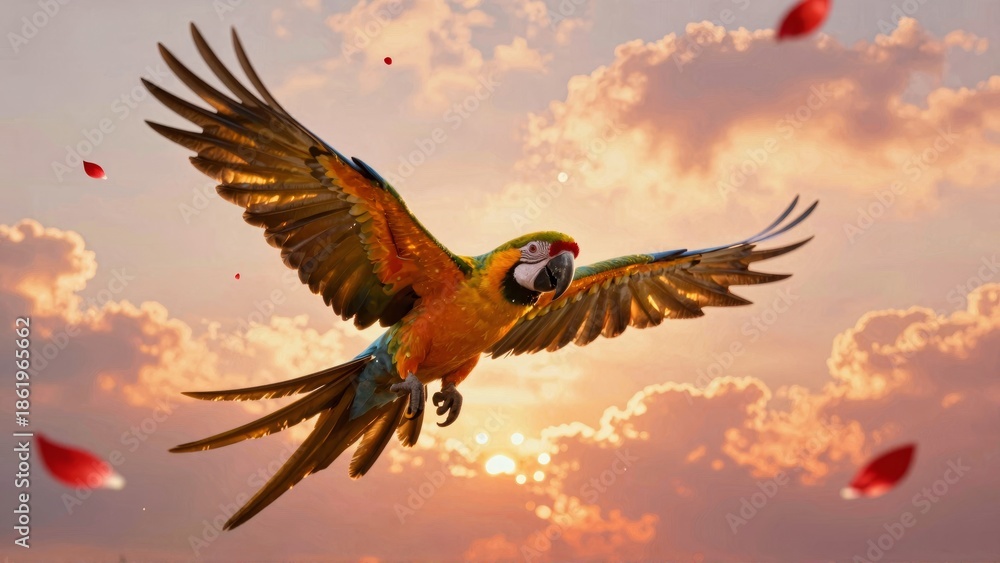 Fototapeta premium Macaw flying against sunset sky with floating petals