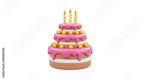 3D Rendered Multi-Tier Birthday Cake with Pink Frosting and Candles