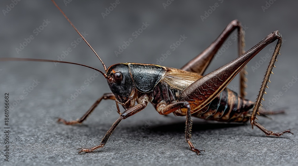 Fototapeta premium Close-up of a large, detailed grasshopper with intricate patterns on a dark background