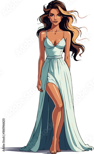 Create a beautiful woman in a light summer dress standing vector art with white background.
