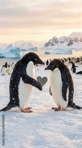 authentic human lifestyle concept Romantic Penguin Proposing with Heart-Shaped Stone. Adorable Adelie Penguin Couple in Love in a Snowy Antarctic Landscape for Valentine's Day. modern commercial stock