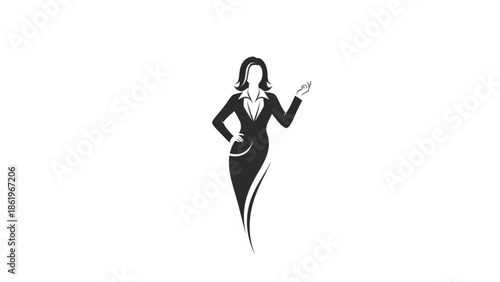 A professional black silhouette of a confident businesswoman in a formal suit, featuring a dynamic pose with one hand on her hip and the other gesturing upward. Isolated on a white background.