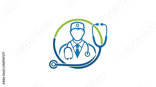 A modern minimalist medical logo featuring a healthcare professional silhouette enclosed within a circular stethoscope frame. The design uses a clean blue and green color palette, symbolizing health.
