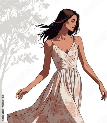 Create a beautiful woman in a light summer dress standing vector art with white background.