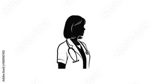 A professional female doctor silhouette in profile view, wearing a lab coat and a stethoscope around her neck. This clean, minimalist medical icon represents healthcare workers, nurses, physician.