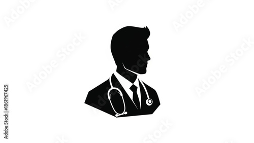 A professional male doctor silhouette wearing a suit, necktie, and a stethoscope around his neck. This clean, minimalist medical icon represents healthcare professionals, hospital staff, physician.