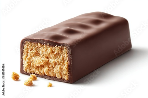Chocolate covered cookie bar with crumbs on white background