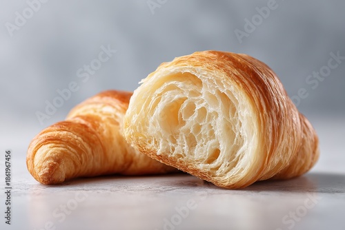 Closeup of a delicious, flaky croissant cut in half to reveal its airy interior
