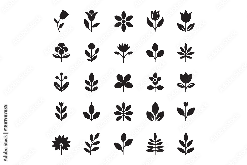 Fototapeta premium Collection of Hand-Drawn Floral and Leaf Silhouettes