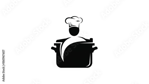 A minimalist black silhouette of a professional chef wearing a traditional toque hat, appearing behind a large cooking pot. This clean culinary icon represents restaurant catering, gourmet cooking.