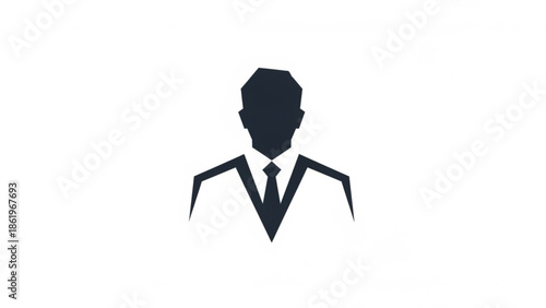 A minimalist front-facing silhouette of a professional businessman wearing a formal suit and necktie. This clean, geometric icon represents corporate identity, executive leadership, and professional.