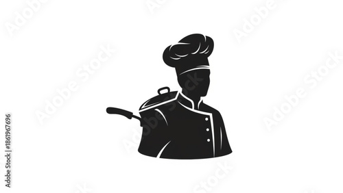 A professional vector silhouette of a chef wearing a traditional toque and uniform, positioned behind a cooking pot. This minimalist black and white illustration represents culinary expertise.