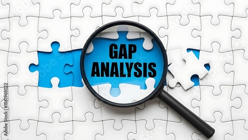 Gap Analysis text revealed through a magnifying glass over a white jigsaw puzzle with missing pieces