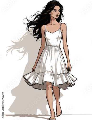 Create a beautiful woman in a light summer dress standing vector art with white background.