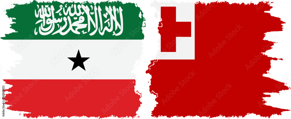 Obraz premium Tonga and Somaliland grunge flags connection, vector