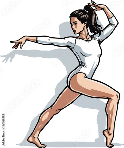 Create a female gymnast in a white bodysuit standing vector art with white background.