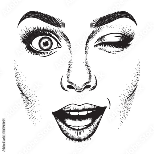 Woman winking with open mouth and wide eye in sketch style face