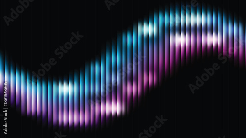 Glass ripple texture with dark gradient background and lilac light streaks. Futuristic distortion, moody abstract glow, reeded vertical blur. Vector illustration EPS