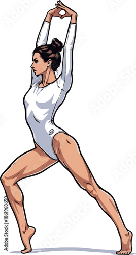 Create a female gymnast in a white bodysuit standing vector art with white background.