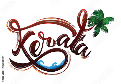 kerala typography calligraphy with coconut tree and sea vector illustration